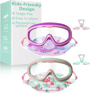 Pixel Panda 2 Pack Kids Swim Goggles with Fabric Strap for 6-14 Wide View Anti-Fog Anti-UV, No Leak No Hair Pulling Swimming Goggles Boys Girls Youth Toddlers Pool Water Protection