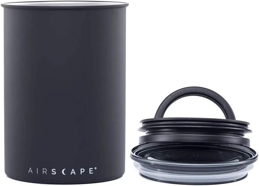 Planetary Design Airscape Stainless Steel Coffee Canister | Food Storage Container | Patented Inner Plunger Lid REMOVES Excess Oxygen | Don't Buy airtight, Buy AIR-Less | (Medium, Matte Black)