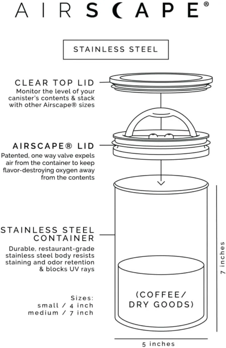 Planetary Design Airscape Stainless Steel Coffee Canister | Food Storage Container | Patented Inner Plunger Lid REMOVES Excess Oxygen | Don't Buy airtight, Buy AIR-Less | (Medium, Matte Black)