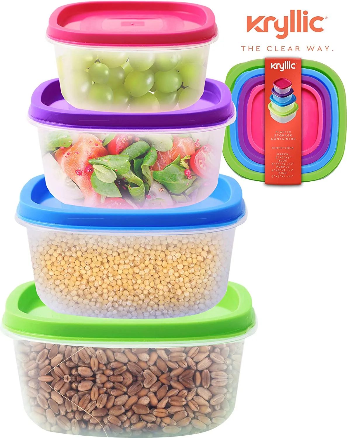 Plastic Food Storage Containers Lids - Clear Kitchen stackable pantry bucket nesting organizer upright freezer for cereal dry food sugar pasta bpa free set of 4 sizes leak proof airtight easy use