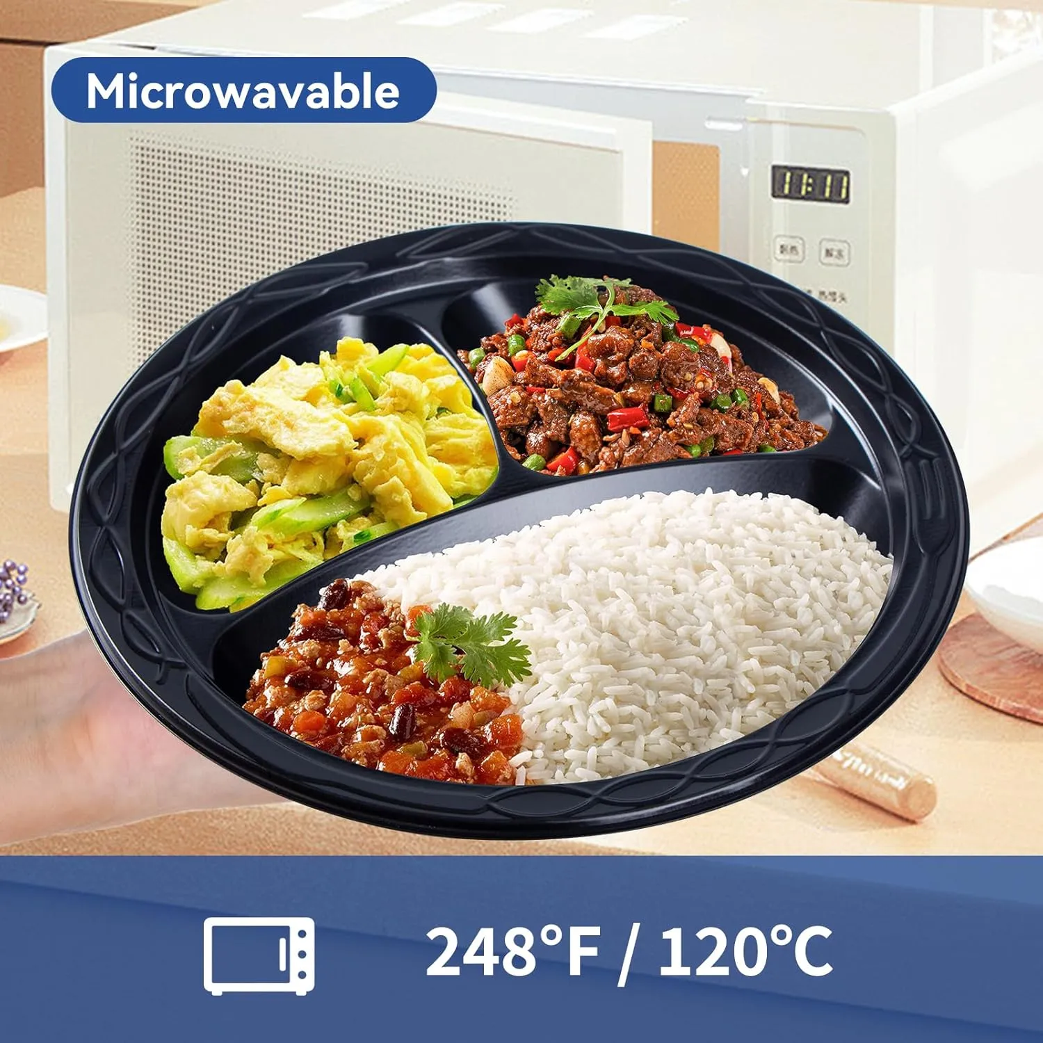 Plastic Plates, Reusable 10 Inch 3 Compartments Dinner Plate Heavy Duty Microwave Safe Easy Serving MFPP Party Trays