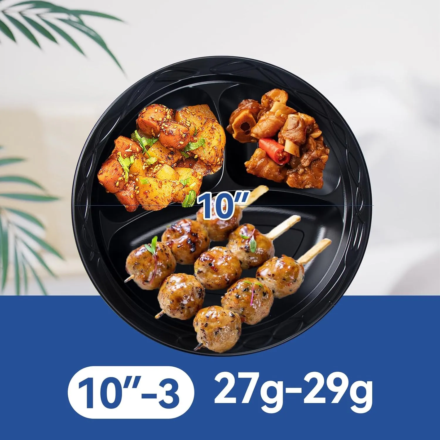 Plastic Plates, Reusable 10 Inch 3 Compartments Dinner Plate Heavy Duty Microwave Safe Easy Serving MFPP Party Trays