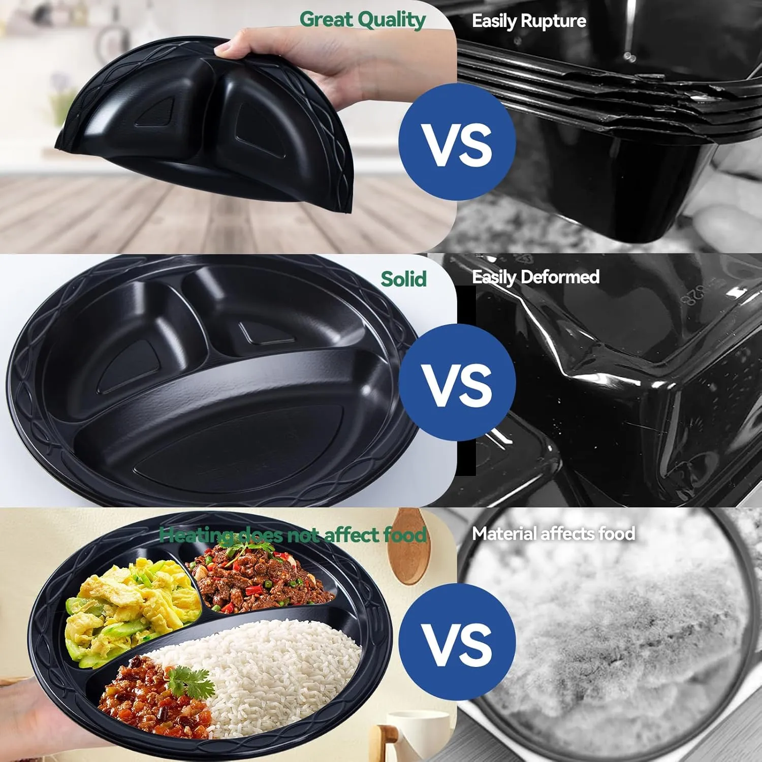 Plastic Plates, Reusable 10 Inch 3 Compartments Dinner Plate Heavy Duty Microwave Safe Easy Serving MFPP Party Trays