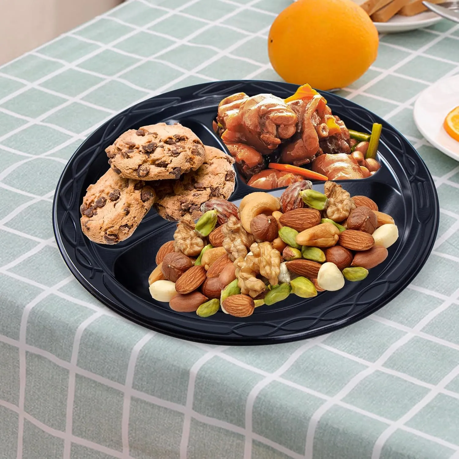 Plastic Plates, Reusable 10 Inch 3 Compartments Dinner Plate Heavy Duty Microwave Safe Easy Serving MFPP Party Trays