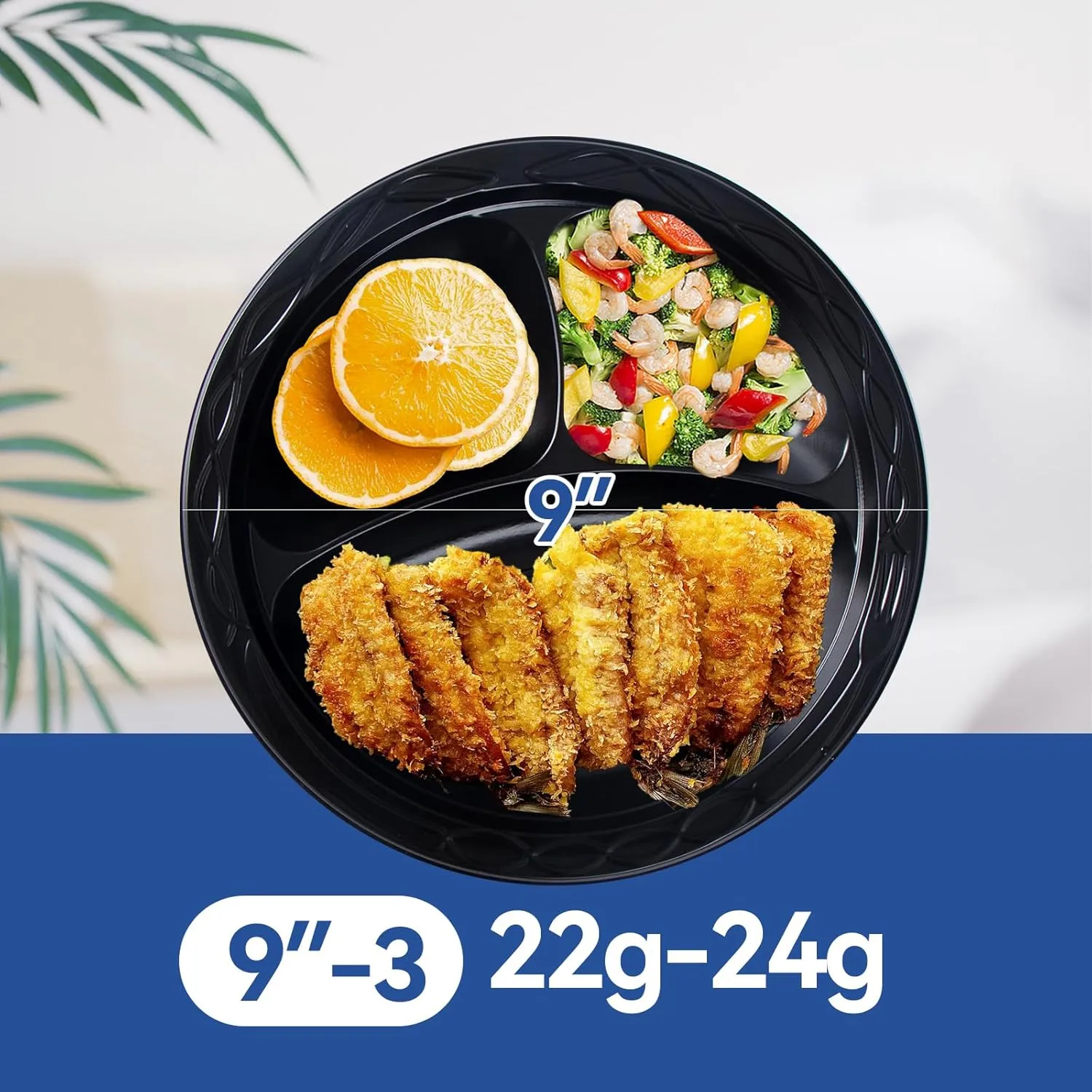 Plastic Plates, Reusable 150 Pack 9 Inch Disposable Dinner Plate Parties BBQ 3 Compartments Machine Washable Safe Black MFPP Trays