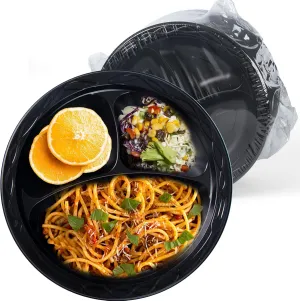 Plastic Plates, Reusable 150 Pack 9 Inch Disposable Dinner Plate Parties BBQ 3 Compartments Machine Washable Safe Black MFPP Trays