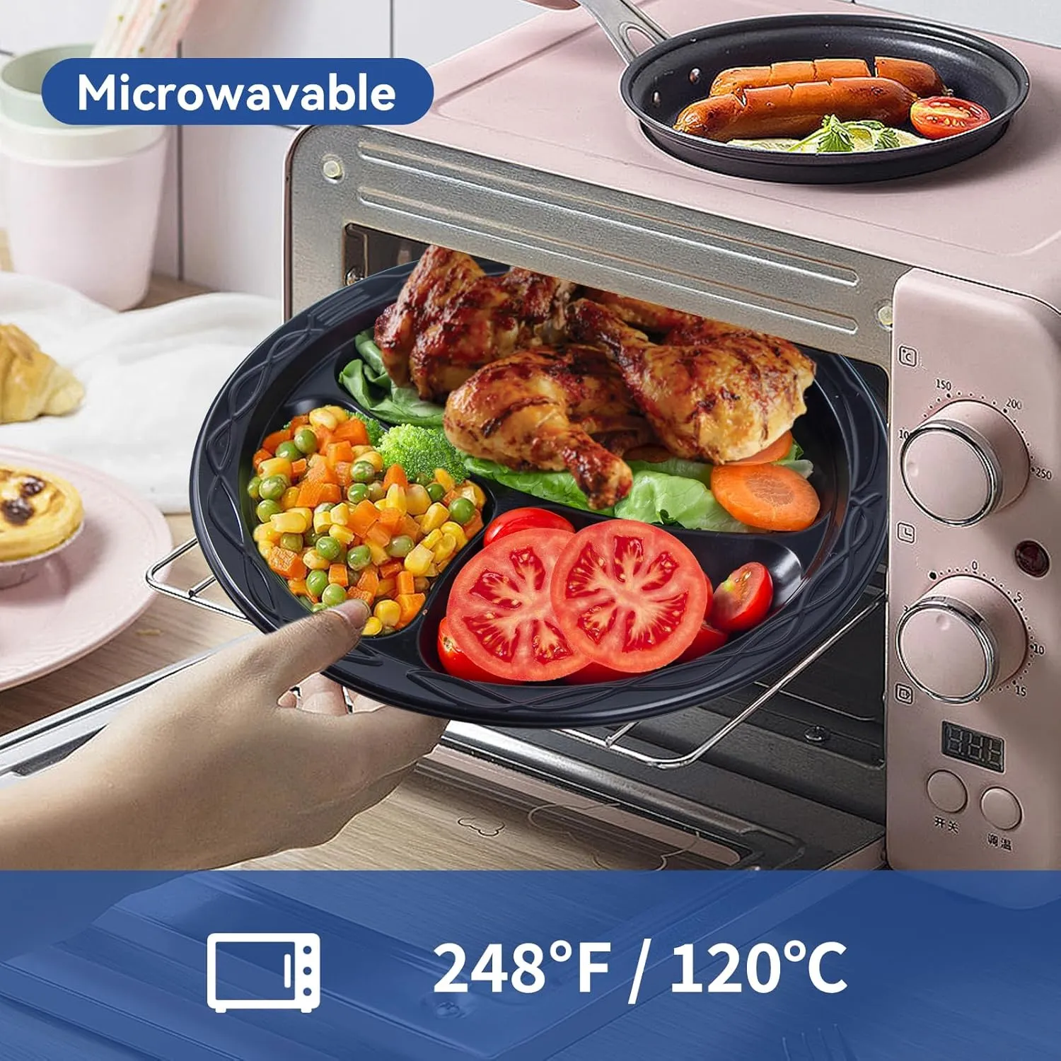 Plastic Plates, Reusable 150 Pack 9 Inch Disposable Dinner Plate Parties BBQ 3 Compartments Machine Washable Safe Black MFPP Trays
