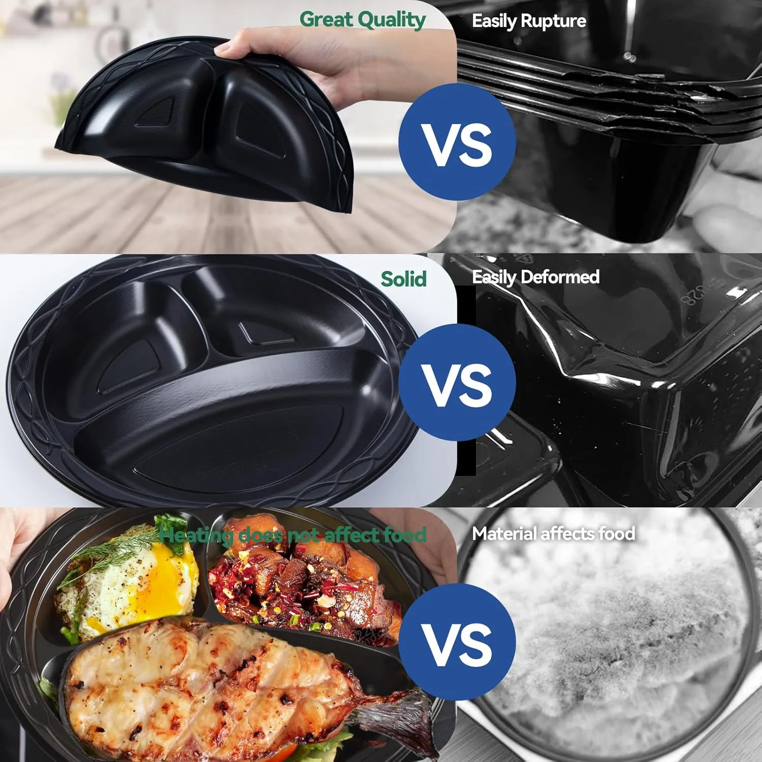Plastic Plates, Reusable 150 Pack 9 Inch Disposable Dinner Plate Parties BBQ 3 Compartments Machine Washable Safe Black MFPP Trays