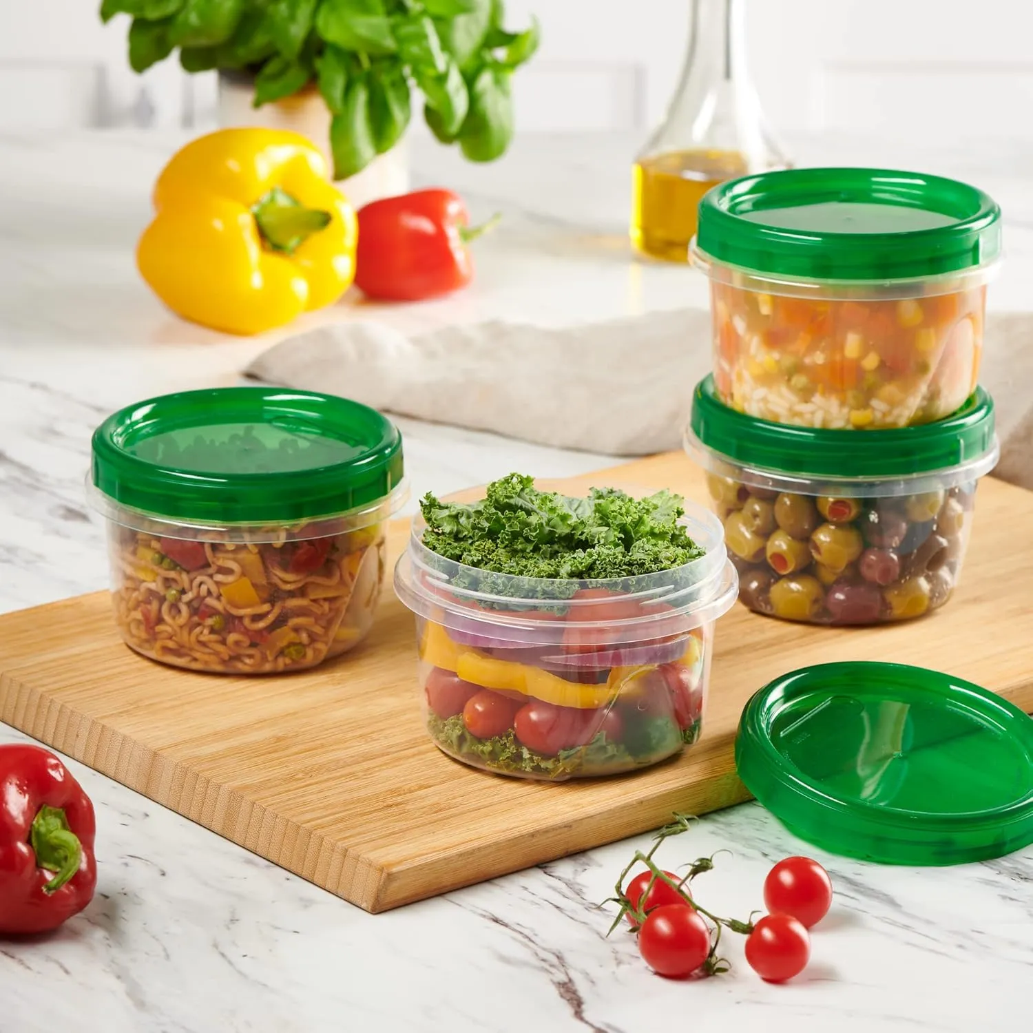 PLASTICPRO 6 Pack Twist Cap Food Storage Containers with Green Screw on Lid- 16 oz Reusable Meal Prep Containers - Freezer and Microwave Safe Green Plastic Food Storage