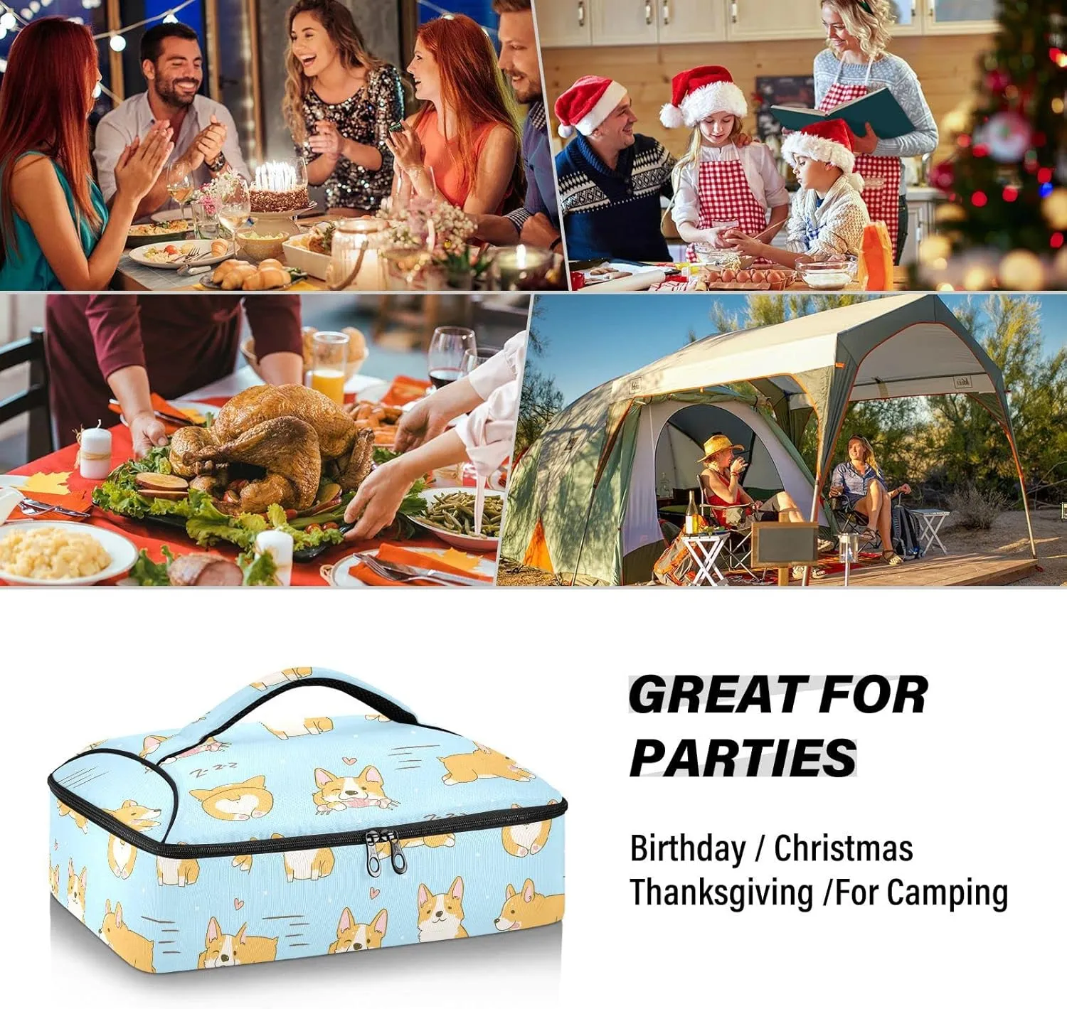 Playful Corgi Dogs in Various Poses Heart on Turquoise Reusable Insulated Pizza Bag, Waterproof Food Delivery Bag, with Handle Lid Leakproof Pizza Holder Tote for Hot or Cold Food