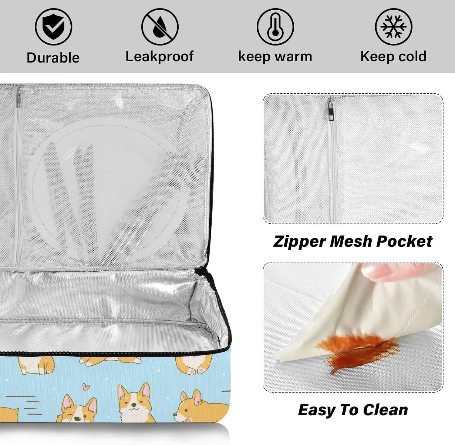 Playful Corgi Dogs in Various Poses Heart on Turquoise Reusable Insulated Pizza Bag, Waterproof Food Delivery Bag, with Handle Lid Leakproof Pizza Holder Tote for Hot or Cold Food