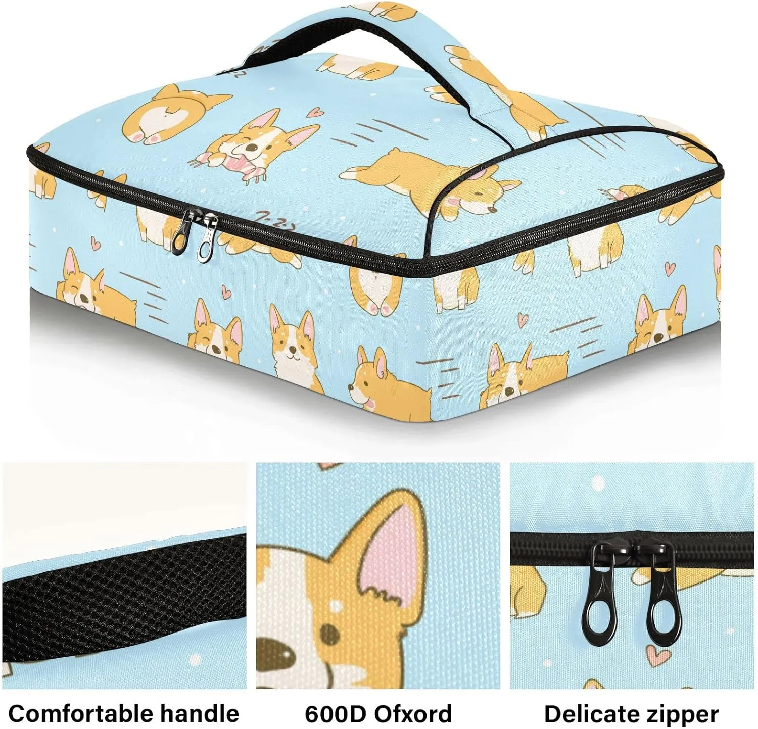 Playful Corgi Dogs in Various Poses Heart on Turquoise Reusable Insulated Pizza Bag, Waterproof Food Delivery Bag, with Handle Lid Leakproof Pizza Holder Tote for Hot or Cold Food