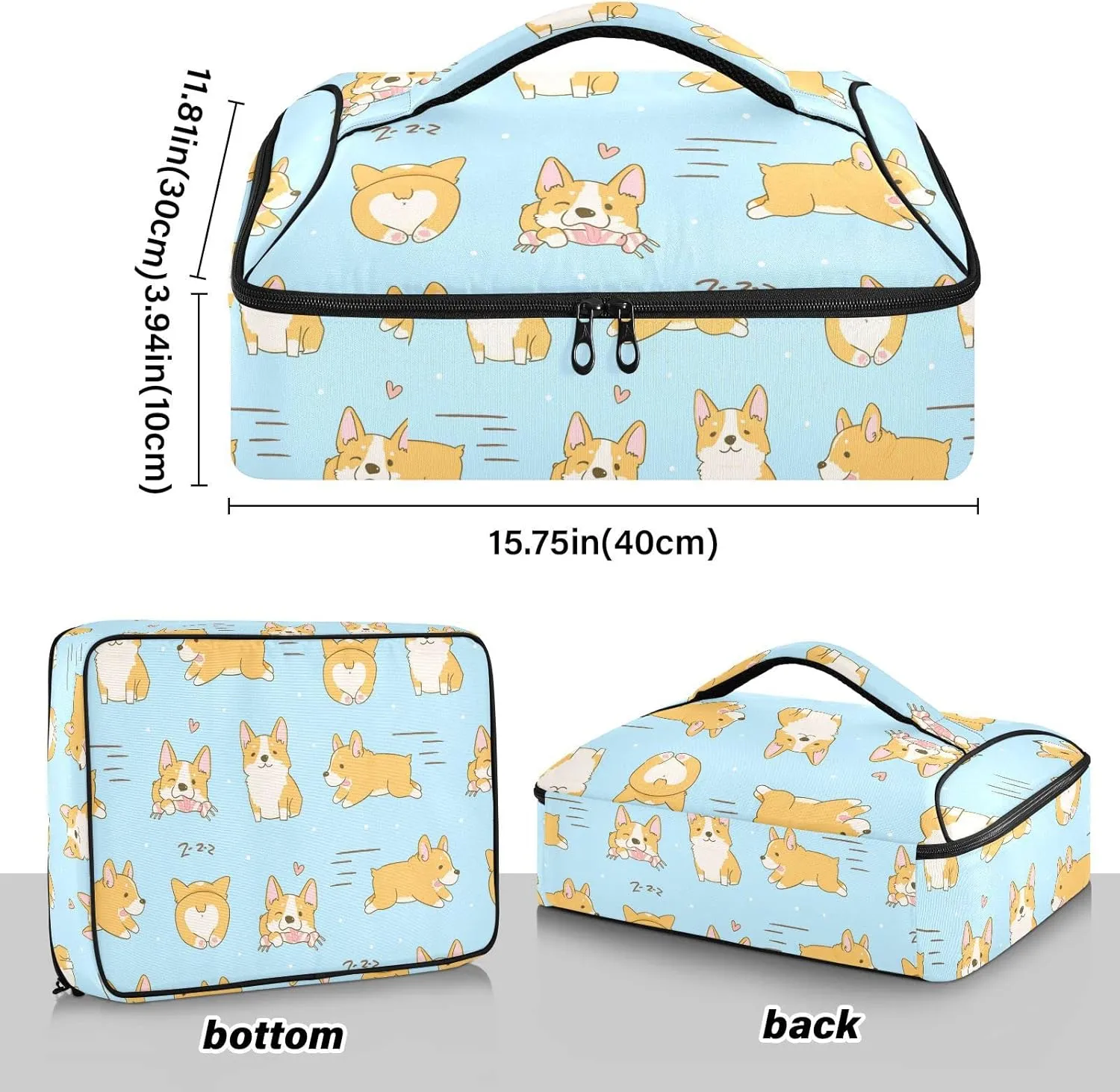 Playful Corgi Dogs in Various Poses Heart on Turquoise Reusable Insulated Pizza Bag, Waterproof Food Delivery Bag, with Handle Lid Leakproof Pizza Holder Tote for Hot or Cold Food