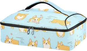 Playful Corgi Dogs in Various Poses Heart on Turquoise Reusable Insulated Pizza Bag, Waterproof Food Delivery Bag, with Handle Lid Leakproof Pizza Holder Tote for Hot or Cold Food
