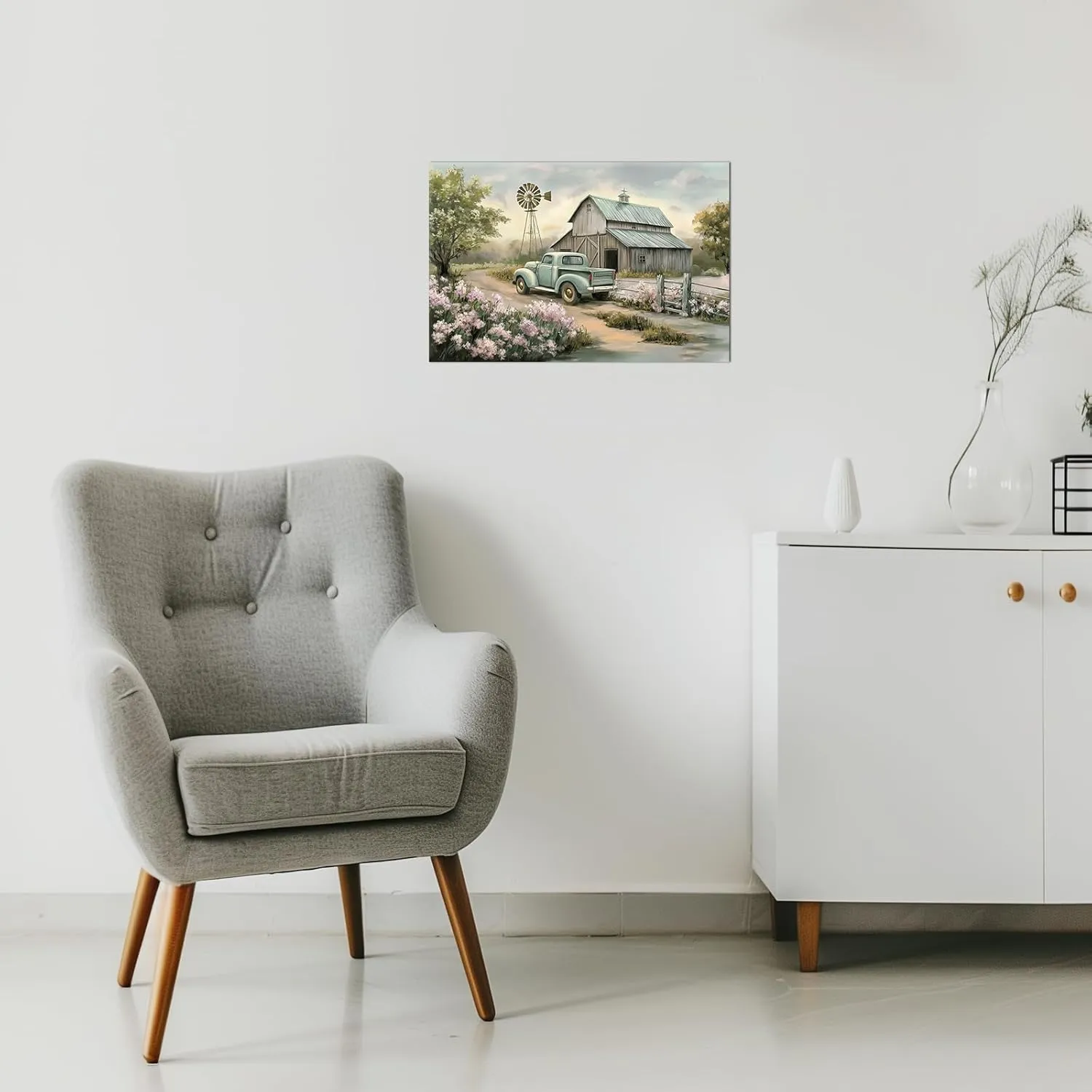PLIDAAYO Old Barn Wall Art Farmhouse Truck Pink Flower Canvas Print Barn Windmill Tree Path Picture Rustic Truck Poster Country Landscape Painting for Living Room Bedroom Spring Decor(Far-01,28"x42")