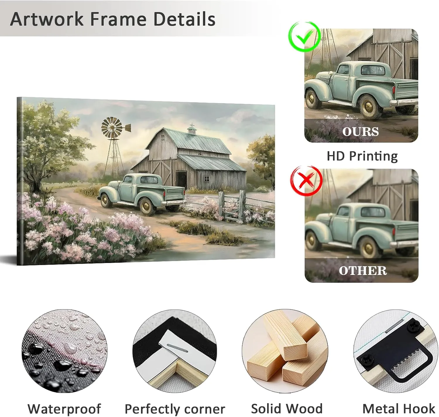 PLIDAAYO Old Barn Wall Art Farmhouse Truck Pink Flower Canvas Print Barn Windmill Tree Path Picture Rustic Truck Poster Country Landscape Painting for Living Room Bedroom Spring Decor(Far-01,28"x42")