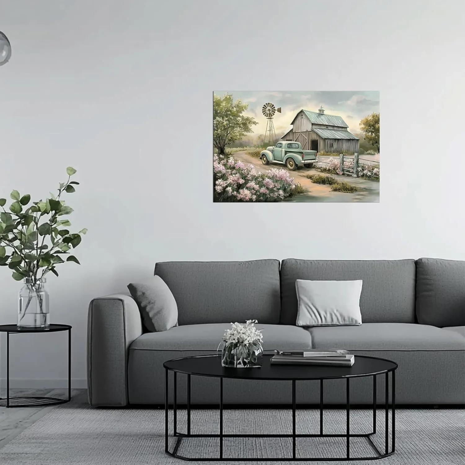 PLIDAAYO Old Barn Wall Art Farmhouse Truck Pink Flower Canvas Print Barn Windmill Tree Path Picture Rustic Truck Poster Country Landscape Painting for Living Room Bedroom Spring Decor(Far-01,28"x42")