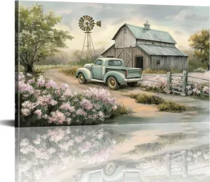 PLIDAAYO Old Barn Wall Art Farmhouse Truck Pink Flower Canvas Print Barn Windmill Tree Path Picture Rustic Truck Poster Country Landscape Painting for Living Room Bedroom Spring Decor(Far-01,28"x42")
