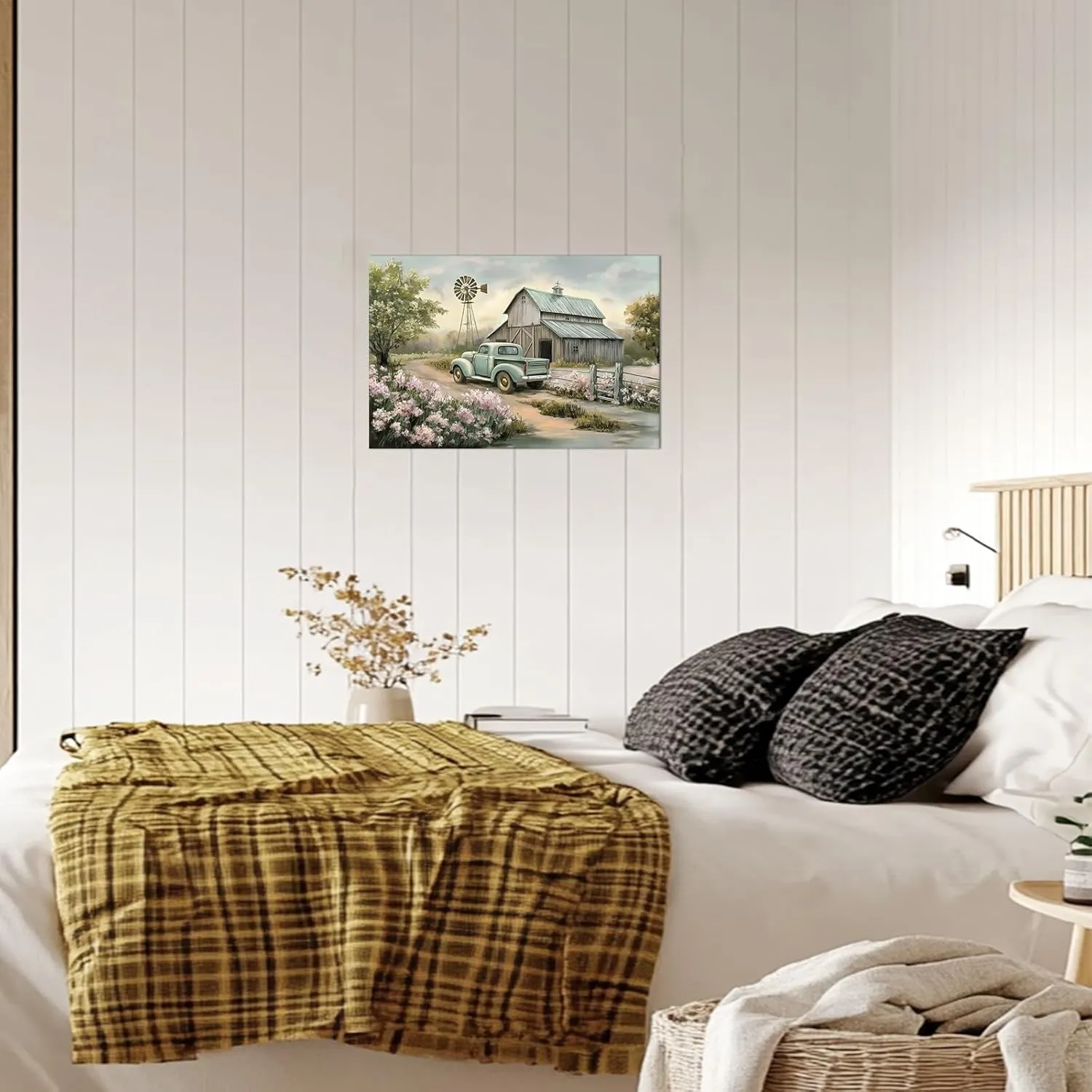 PLIDAAYO Old Barn Wall Art Farmhouse Truck Pink Flower Canvas Print Barn Windmill Tree Path Picture Rustic Truck Poster Country Landscape Painting for Living Room Bedroom Spring Decor(Far-01,28"x42")