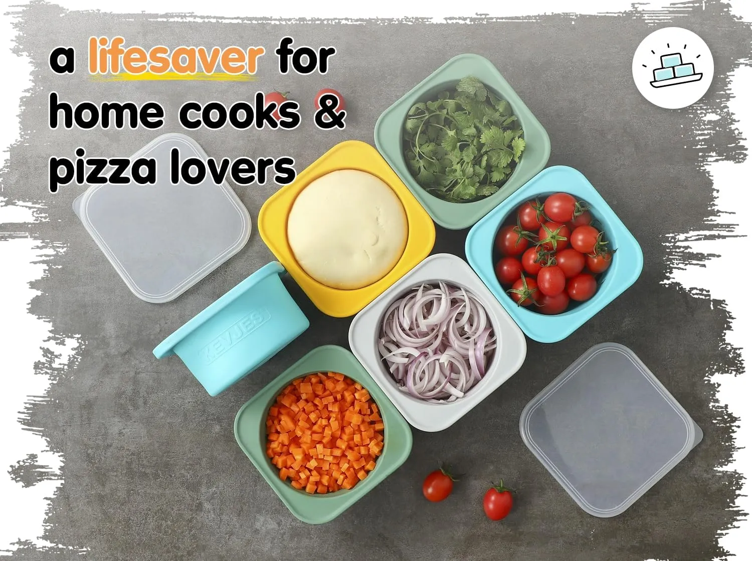 PLUS 1000ml Pizza Dough Proofing Containers for DIY family Artisan Pizza, Food Grade Silicone Stackable Boxes with Lids, Freezer, Fridge, Dishwasher Safe,4sets (Green Space Gray Yellow Red)