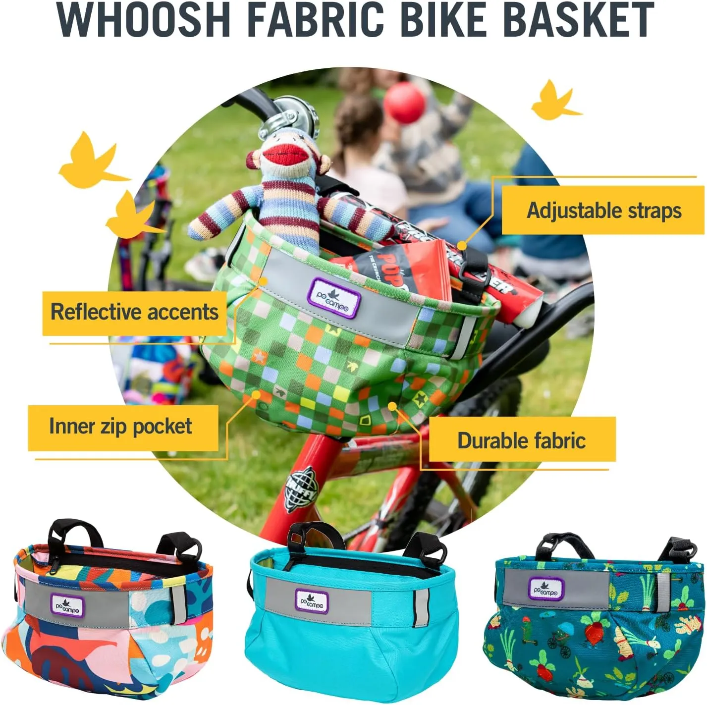Po Campo Kids Bicycle Basket – Whoosh Bike Basket – Front Frame Handlebar Bag – Waterproof Fabric Bike Basket for Boys, Girls, Toddlers Bike or Scooter