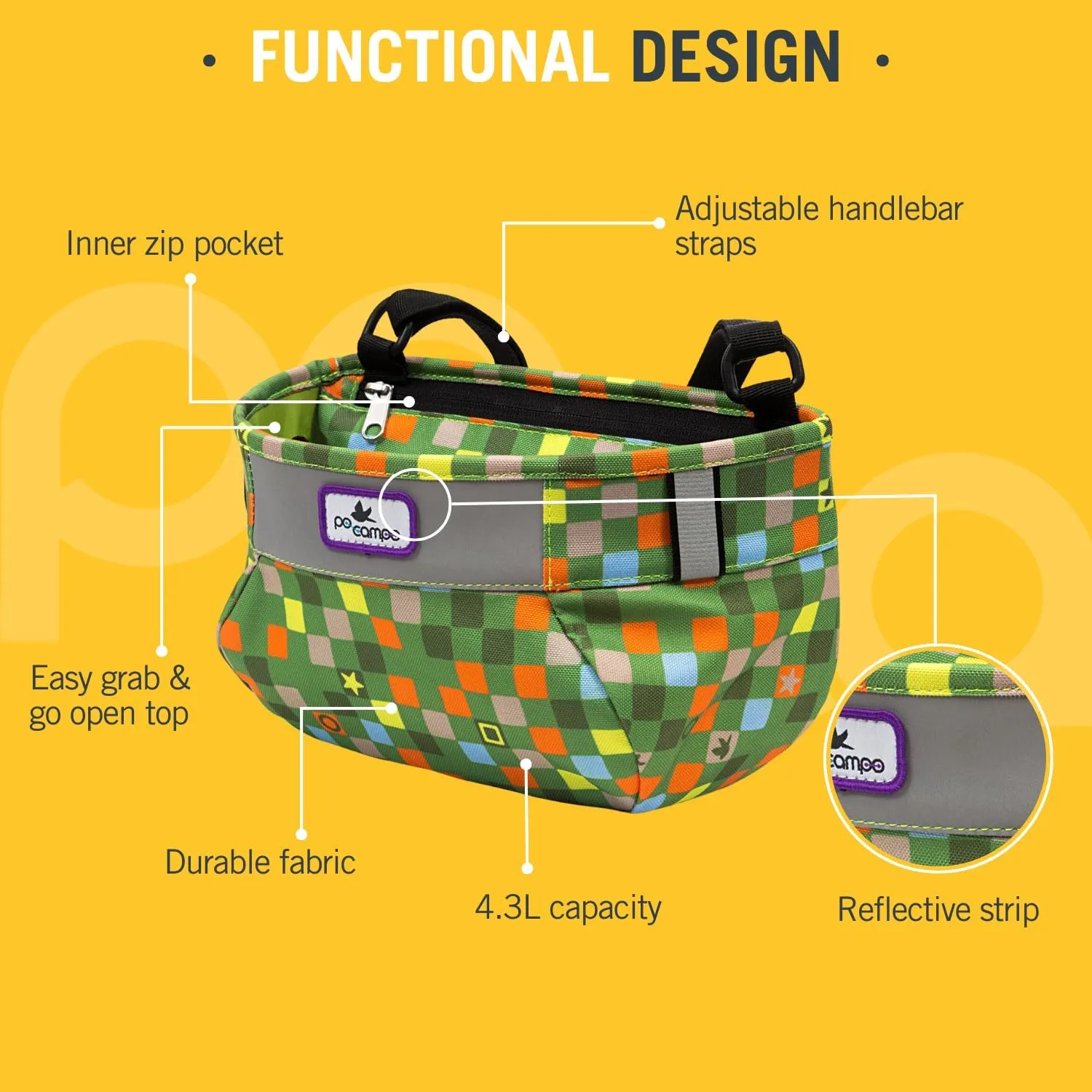 Po Campo Kids Bicycle Basket – Whoosh Bike Basket – Front Frame Handlebar Bag – Waterproof Fabric Bike Basket for Boys, Girls, Toddlers Bike or Scooter