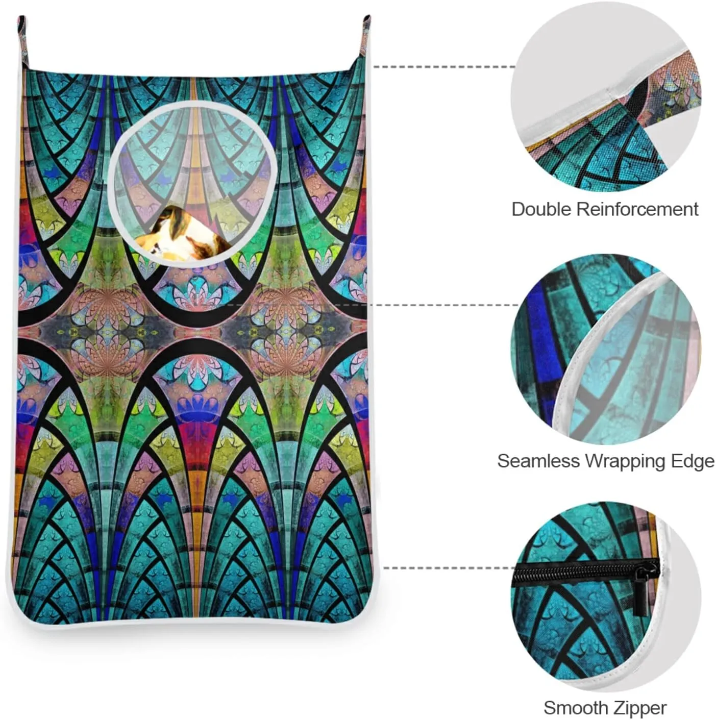 Poeticcity Symmetrical Fractal Flower Black Turquoise Blue Pattern Hanging Laundry Hamper Bag, Dirty Clothes Bag Over The Door, Wall Cloth Basket with Hooks Storage Closet for Bathroom Bedroom