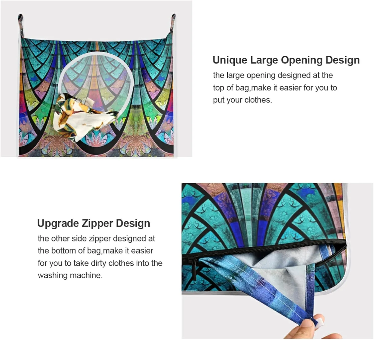 Poeticcity Symmetrical Fractal Flower Black Turquoise Blue Pattern Hanging Laundry Hamper Bag, Dirty Clothes Bag Over The Door, Wall Cloth Basket with Hooks Storage Closet for Bathroom Bedroom