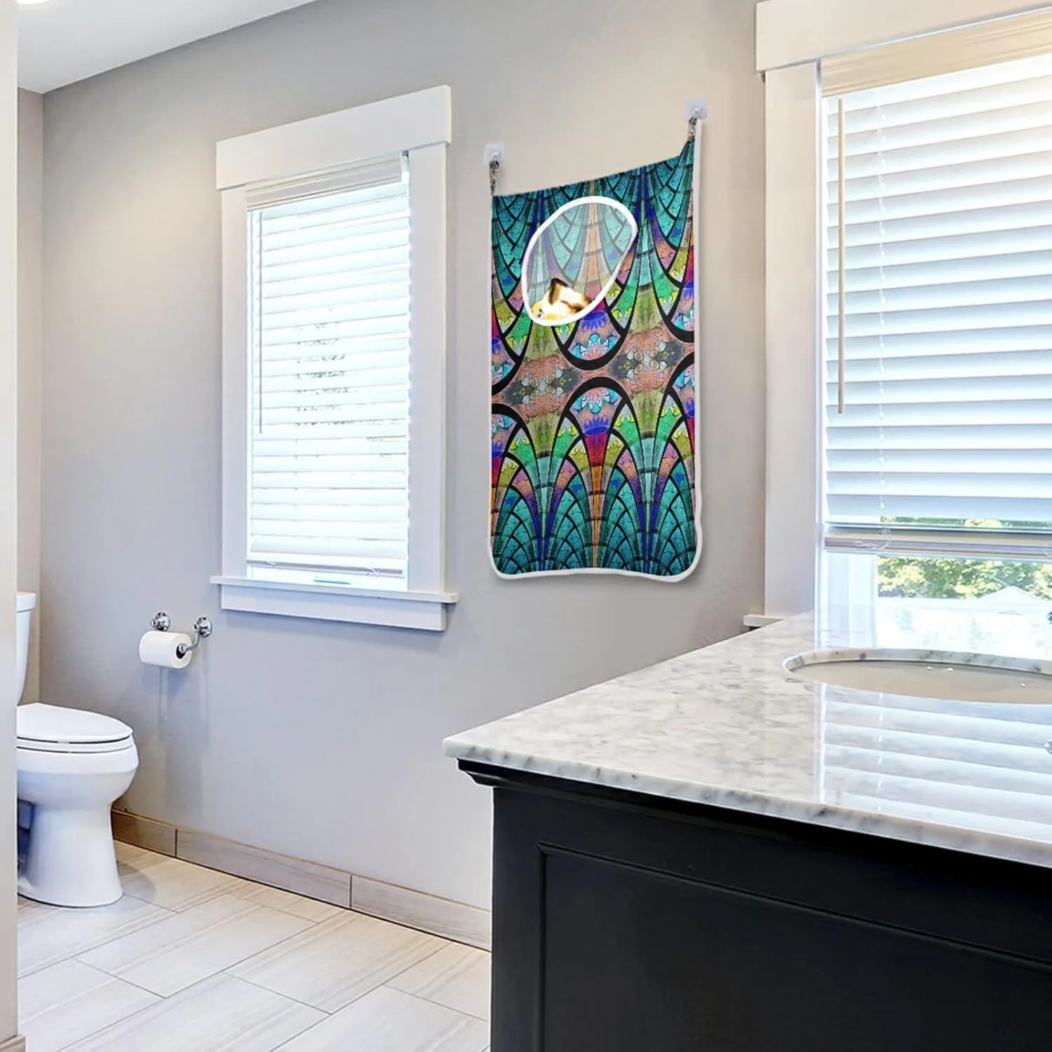 Poeticcity Symmetrical Fractal Flower Black Turquoise Blue Pattern Hanging Laundry Hamper Bag, Dirty Clothes Bag Over The Door, Wall Cloth Basket with Hooks Storage Closet for Bathroom Bedroom
