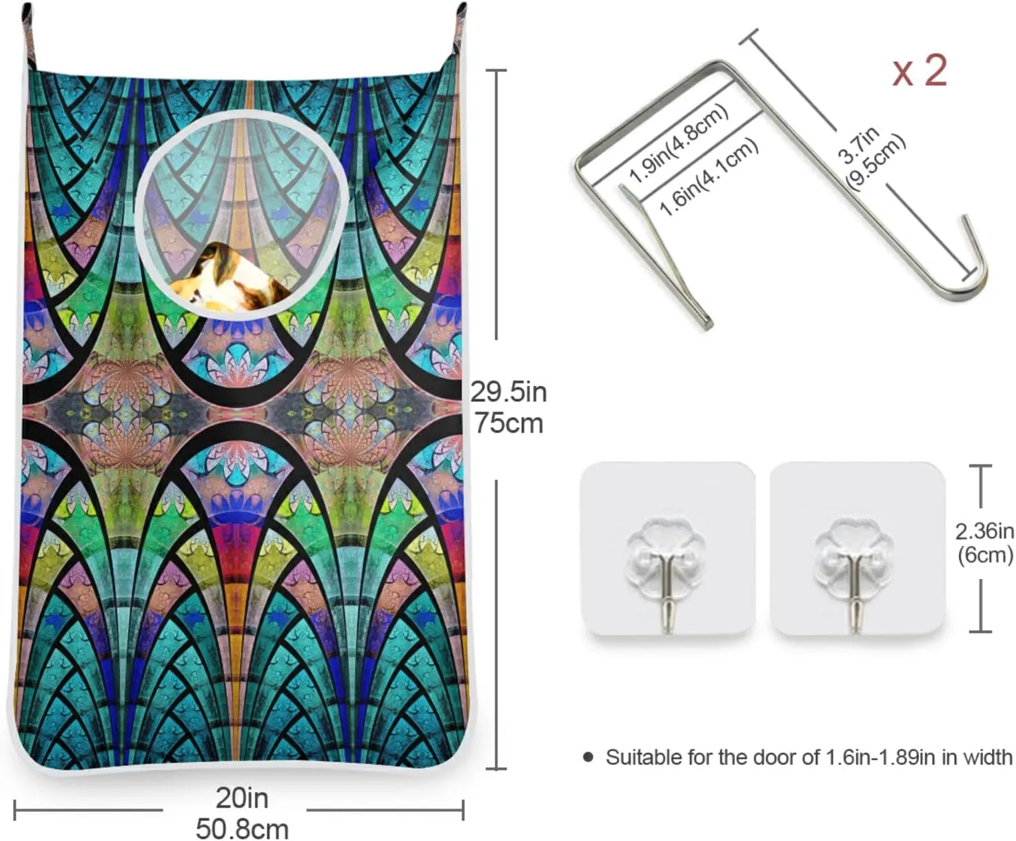 Poeticcity Symmetrical Fractal Flower Black Turquoise Blue Pattern Hanging Laundry Hamper Bag, Dirty Clothes Bag Over The Door, Wall Cloth Basket with Hooks Storage Closet for Bathroom Bedroom