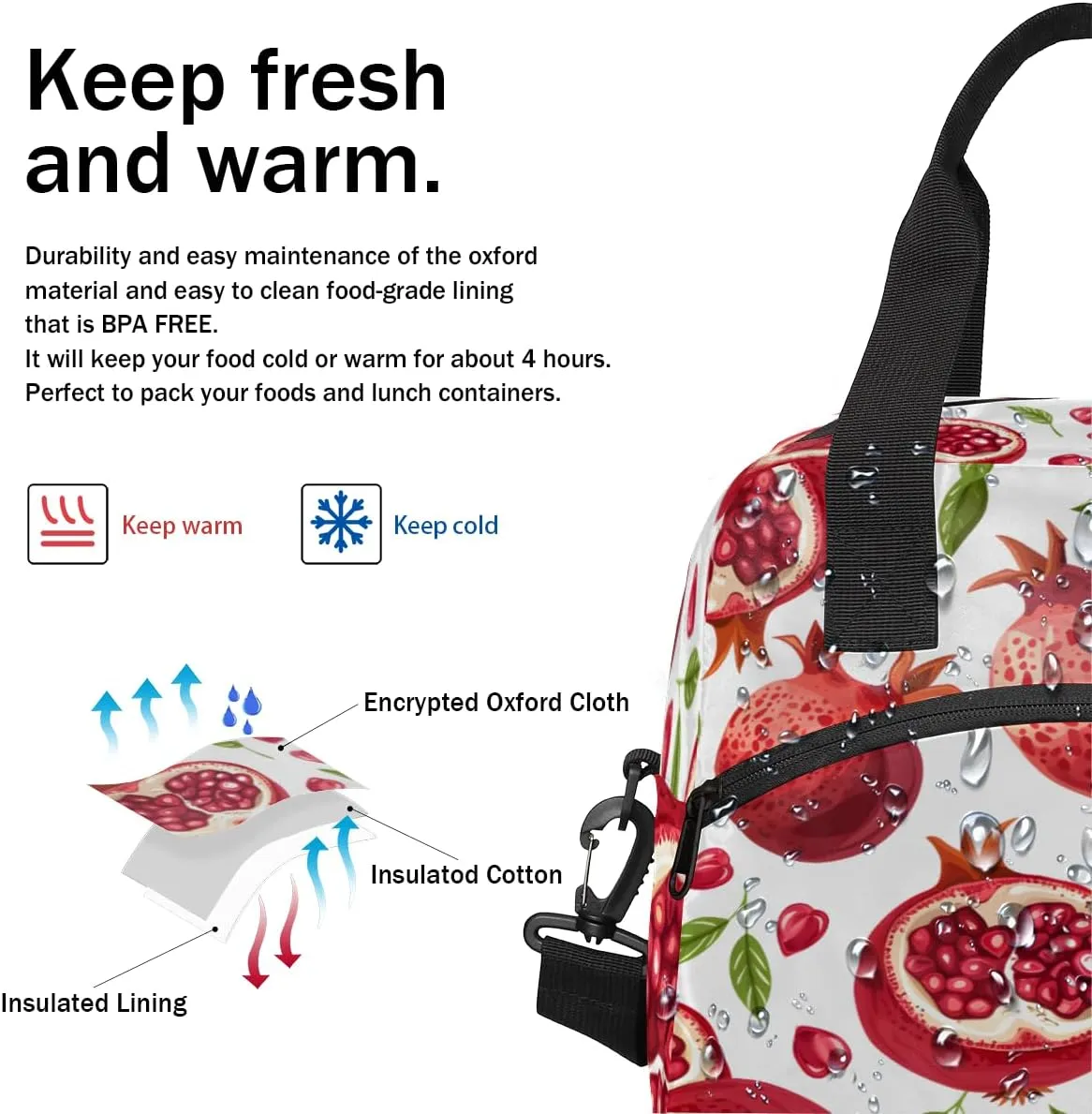 Pomegranate Lunch Bag Large Capacity Insulated Lunch Box with Adjustable Shoulder Strap Leakproof Reusable Lunch Tote Bag for Men Women Work Office Picnic Gift