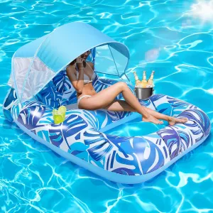 Pool Float with Canopy, Extra Large Inflatable Pool Lounger Floats with Cup Holder Backrest Foot Rest, Pool Floaties for Adults Heavy Duty, Floating Raft Chair Beach Swimming Pool Lake Water Party Toy