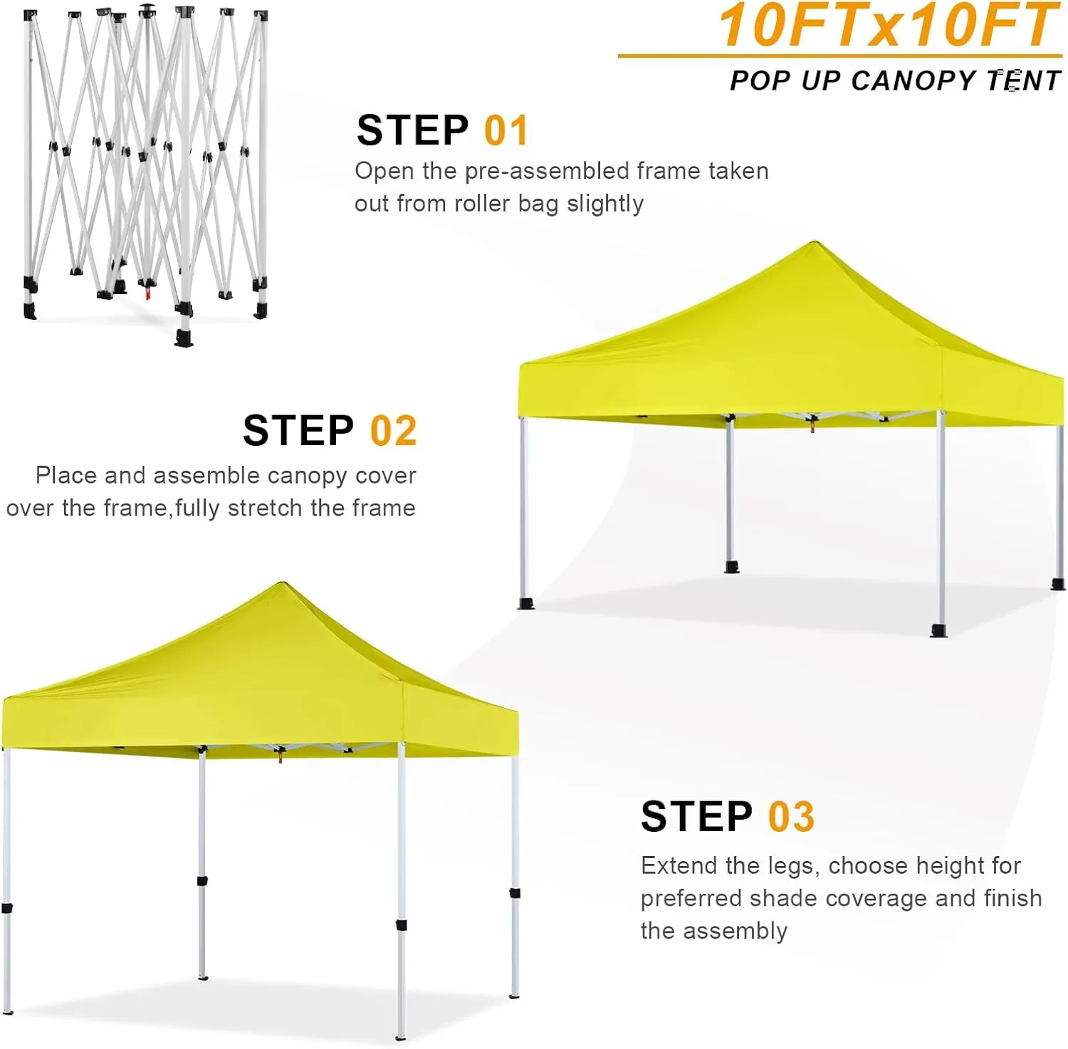 Pop Up Canopy Tent 10x10 for Outdoor Heavy Duty Commercial Instant Sun Shelter,with Wheeled Carry Bags,4Ropes and Stakes and 4 sandbags,Lemon Yellow