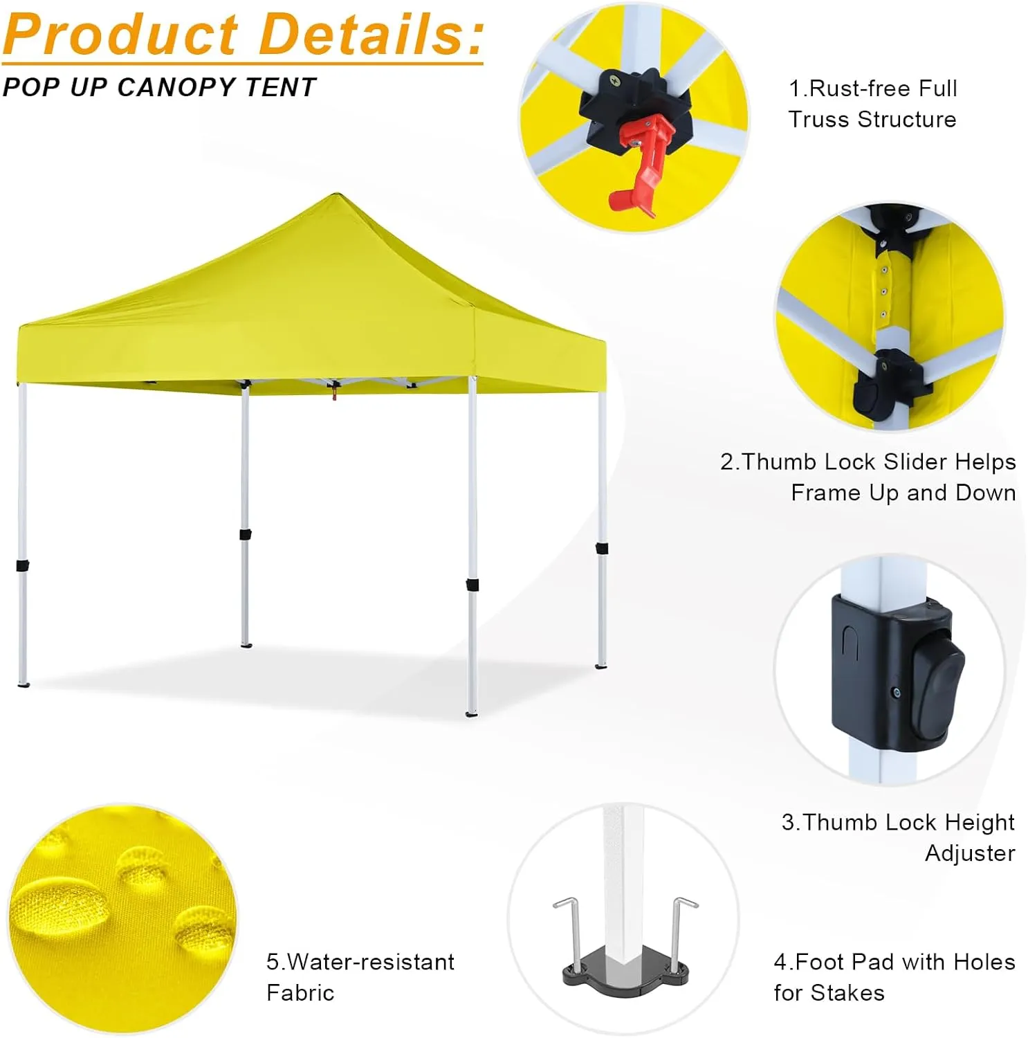 Pop Up Canopy Tent 10x10 for Outdoor Heavy Duty Commercial Instant Sun Shelter,with Wheeled Carry Bags,4Ropes and Stakes and 4 sandbags,Lemon Yellow