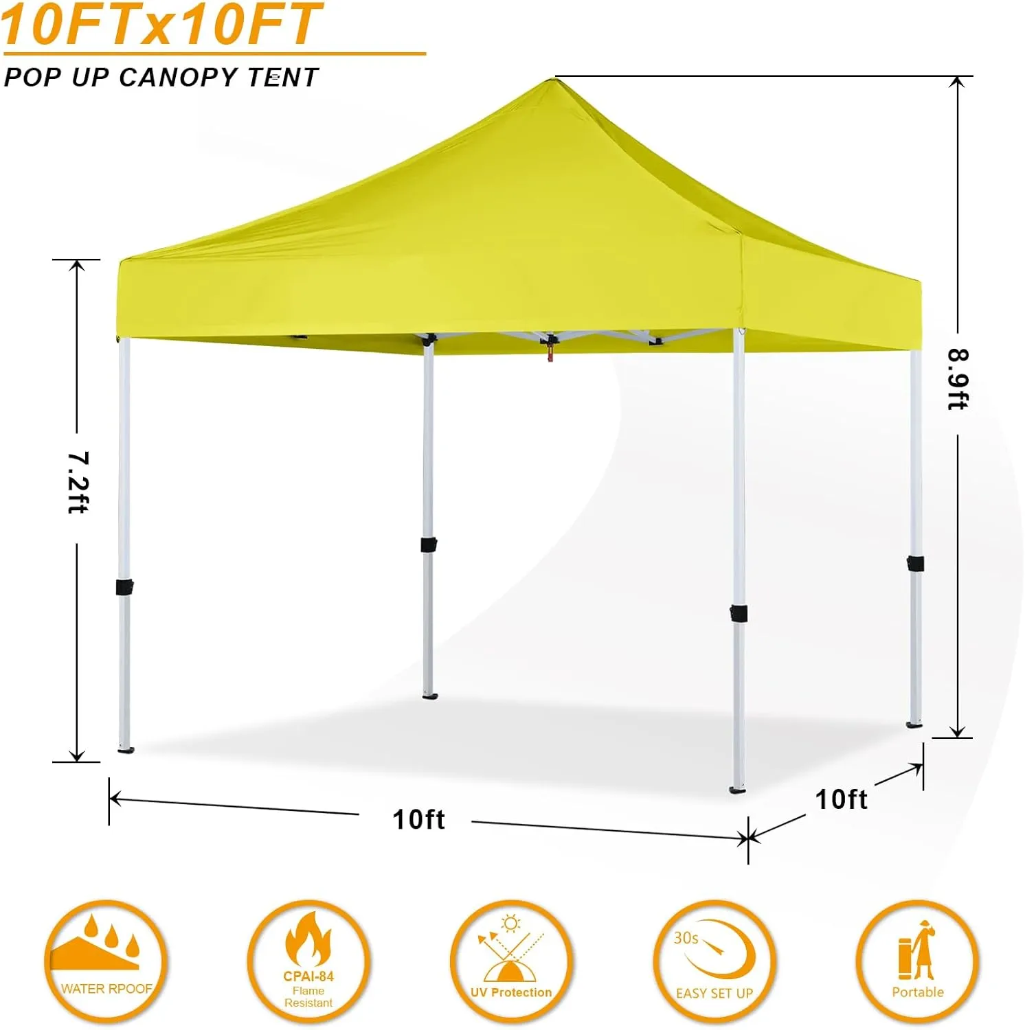 Pop Up Canopy Tent 10x10 for Outdoor Heavy Duty Commercial Instant Sun Shelter,with Wheeled Carry Bags,4Ropes and Stakes and 4 sandbags,Lemon Yellow