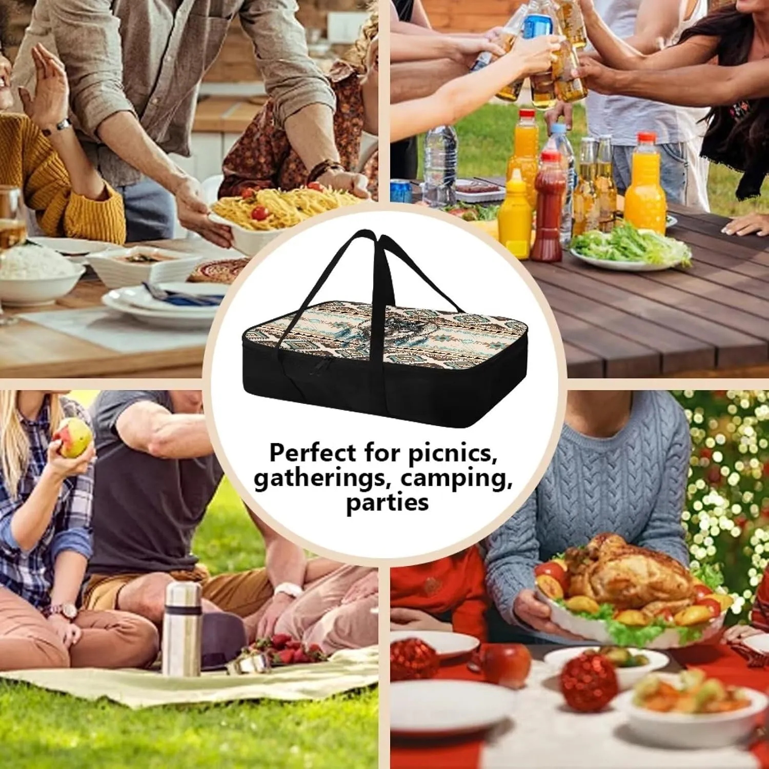 Portable Casserole Carrier Insulated Food Warmer Bag for Hot or Cold Dishes Lunch Tote Kitchen Accessories Ideal for Beach and Picnic Parties, Aztec Dreamcatcher Wolf Print