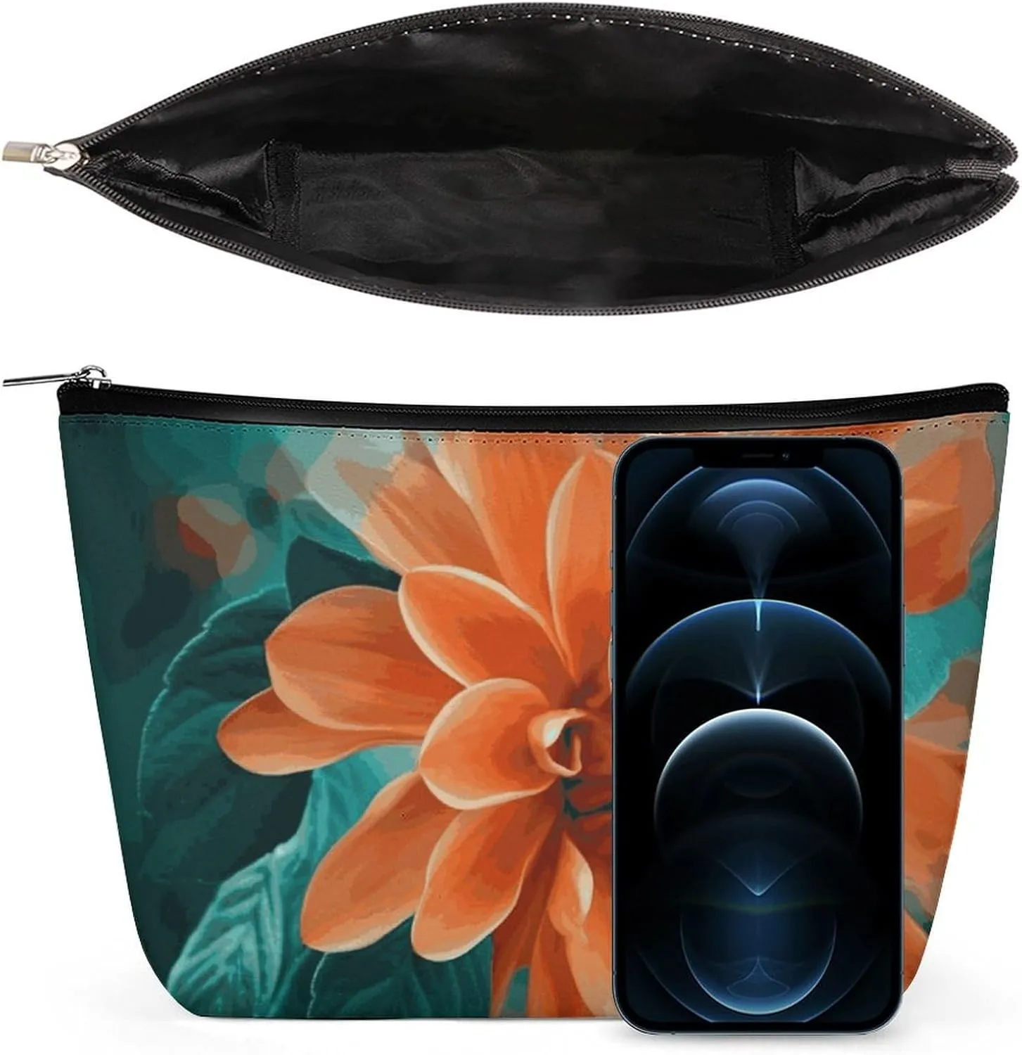 Portable Small Cosmetic Bag Cute Travel Makeup Bag Teal And Flower Waterproof Toiletry Bag for Women