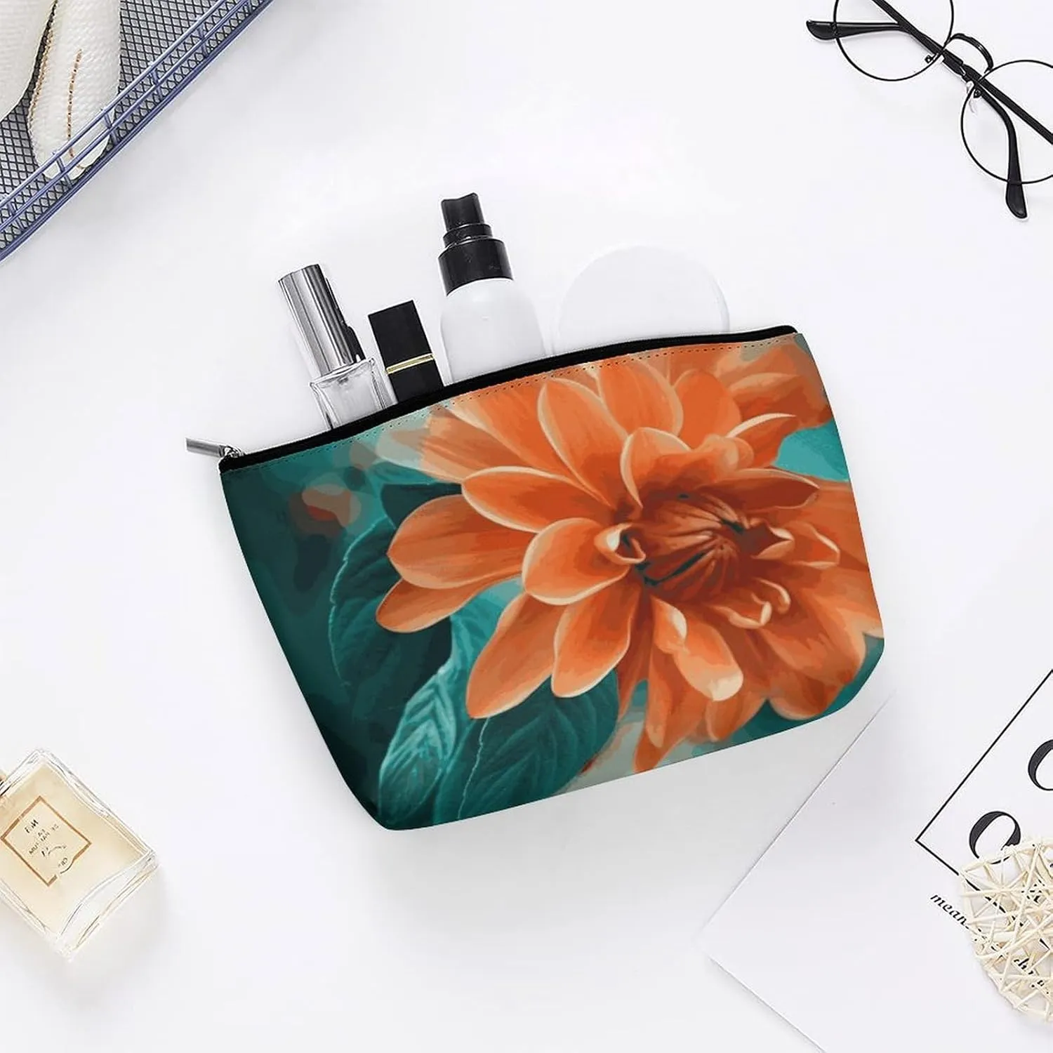 Portable Small Cosmetic Bag Cute Travel Makeup Bag Teal And Flower Waterproof Toiletry Bag for Women