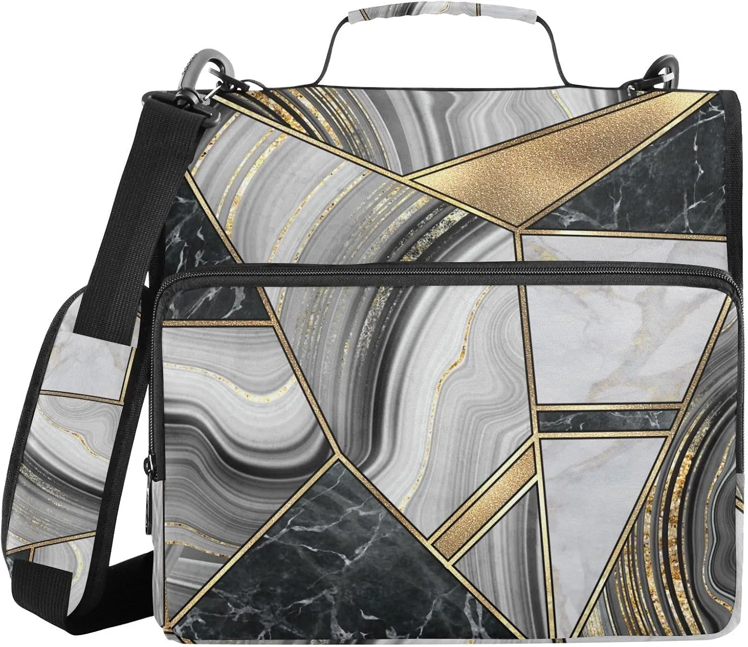 Portfolio & Case 3 Ring Binders, Organizer Trapper Keeper 500 Sheets for Office Zipper Shoulder Padfolios Bag Granite Agate Black Grey Gold Art Paint Marble Triangle Tiles