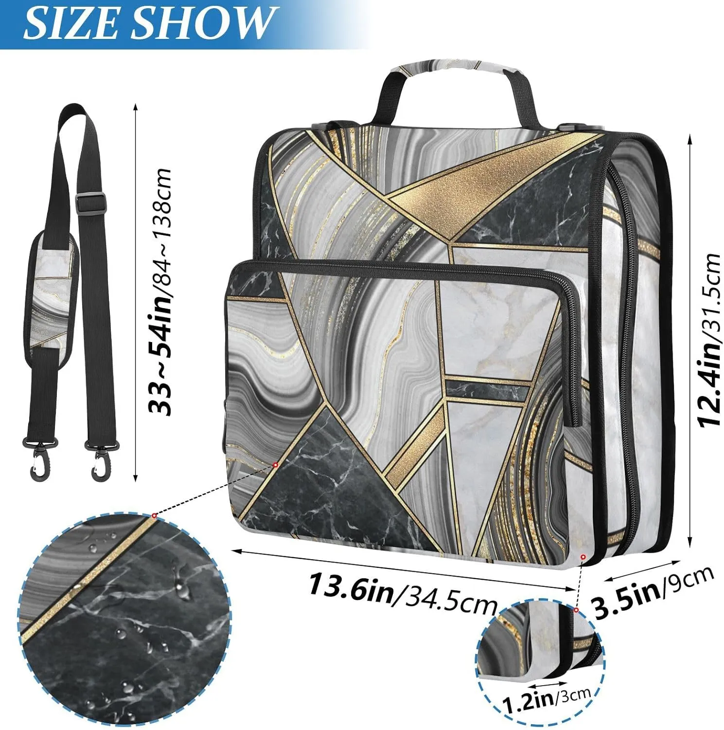 Portfolio & Case 3 Ring Binders, Organizer Trapper Keeper 500 Sheets for Office Zipper Shoulder Padfolios Bag Granite Agate Black Grey Gold Art Paint Marble Triangle Tiles