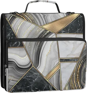Portfolio & Case 3 Ring Binders, Organizer Trapper Keeper 500 Sheets for Office Zipper Shoulder Padfolios Bag Granite Agate Black Grey Gold Art Paint Marble Triangle Tiles