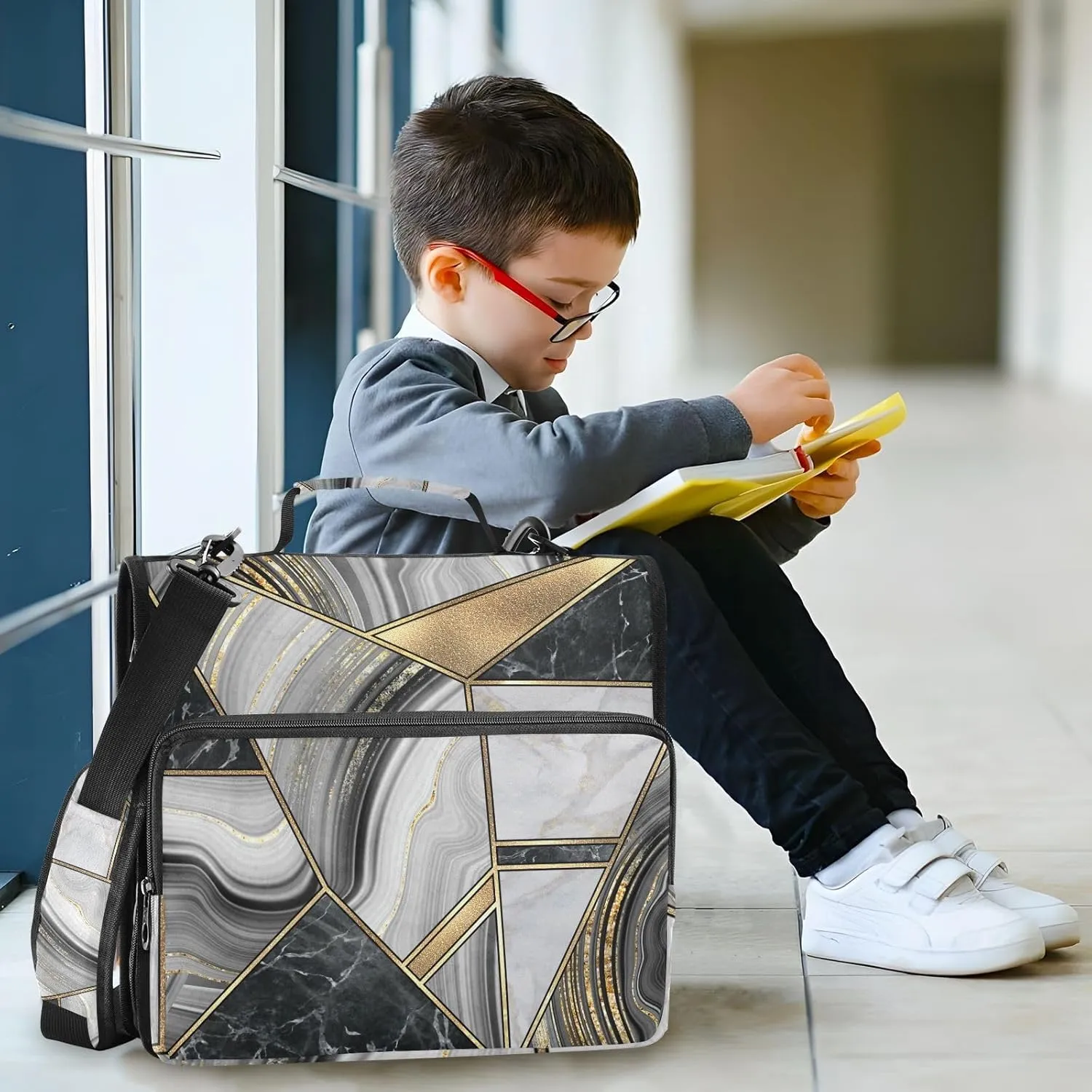 Portfolio & Case 3 Ring Binders, Organizer Trapper Keeper 500 Sheets for Office Zipper Shoulder Padfolios Bag Granite Agate Black Grey Gold Art Paint Marble Triangle Tiles