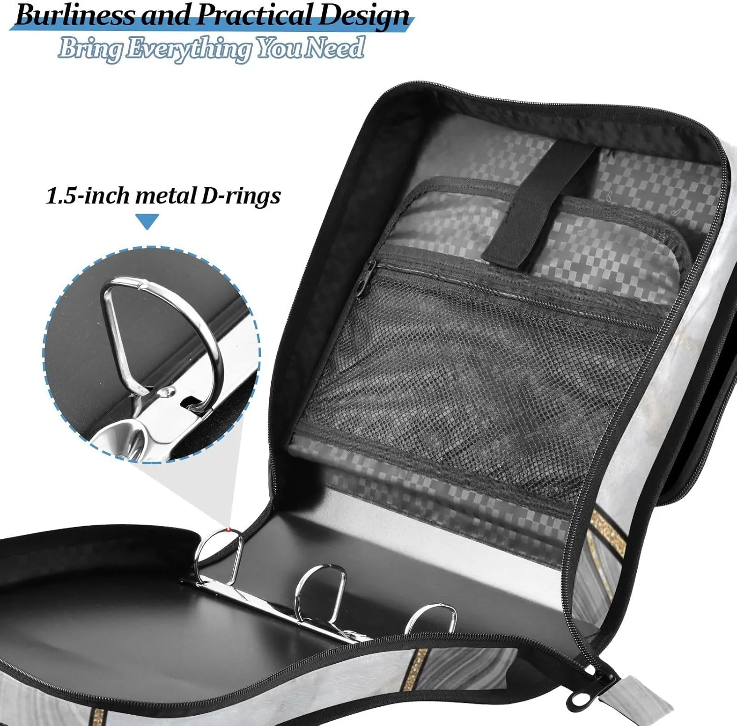 Portfolio & Case 3 Ring Binders, Organizer Trapper Keeper 500 Sheets for Office Zipper Shoulder Padfolios Bag Granite Agate Black Grey Gold Art Paint Marble Triangle Tiles