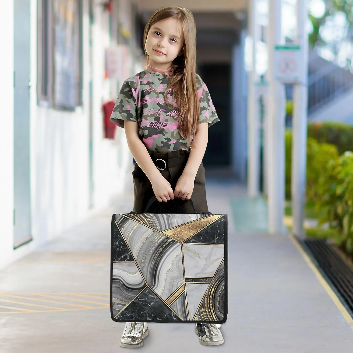Portfolio & Case 3 Ring Binders, Organizer Trapper Keeper 500 Sheets for Office Zipper Shoulder Padfolios Bag Granite Agate Black Grey Gold Art Paint Marble Triangle Tiles