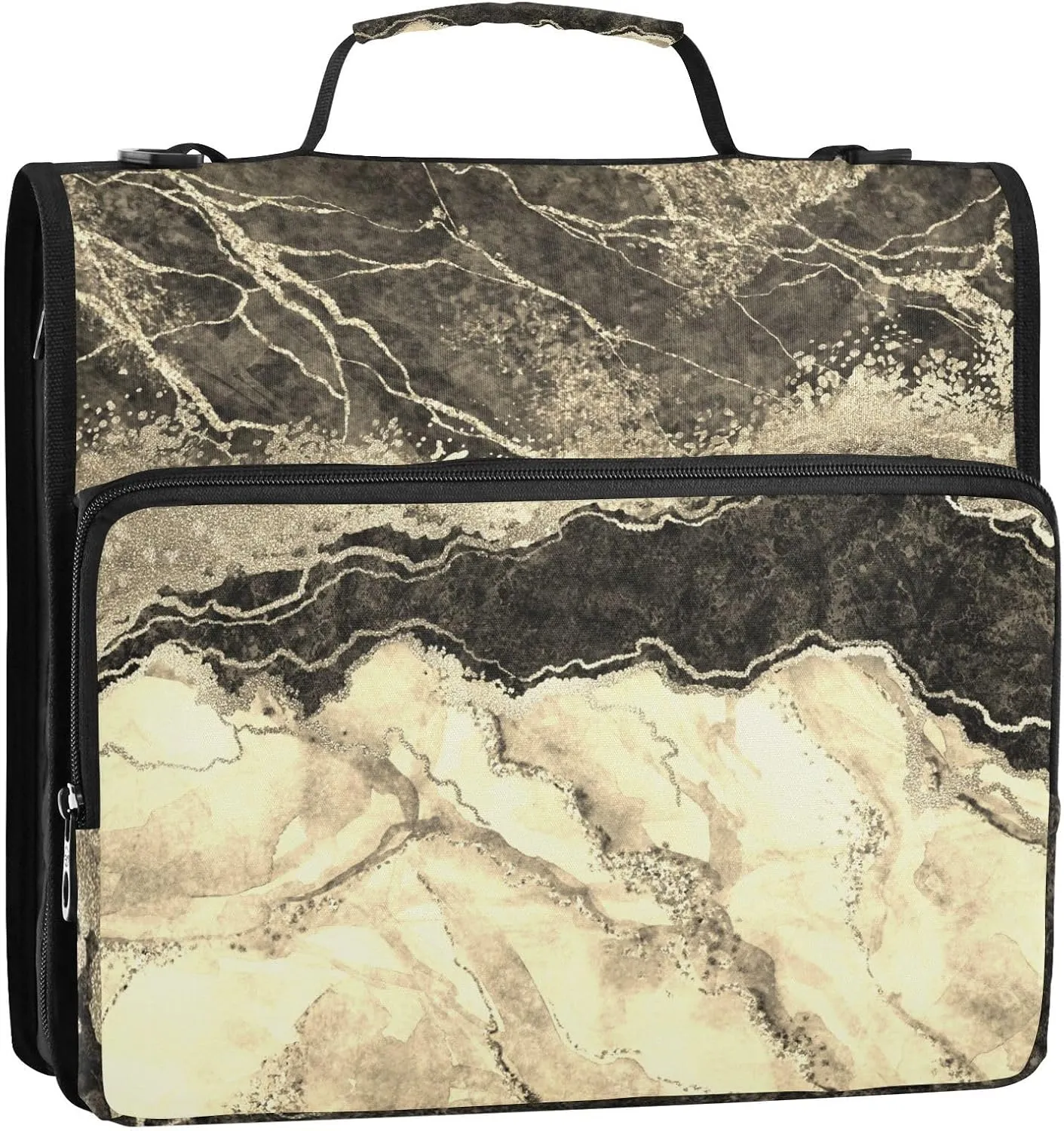 Portfolio & Case 3 Ring Binders, Organizer Trapper Keeper 500 Sheets for Office Zipper Shoulder Padfolios Bag Marble Gold Veins Stone Texture Golden Glitter Marbling