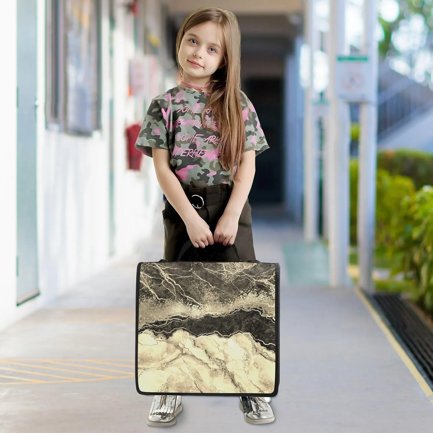 Portfolio & Case 3 Ring Binders, Organizer Trapper Keeper 500 Sheets for Office Zipper Shoulder Padfolios Bag Marble Gold Veins Stone Texture Golden Glitter Marbling