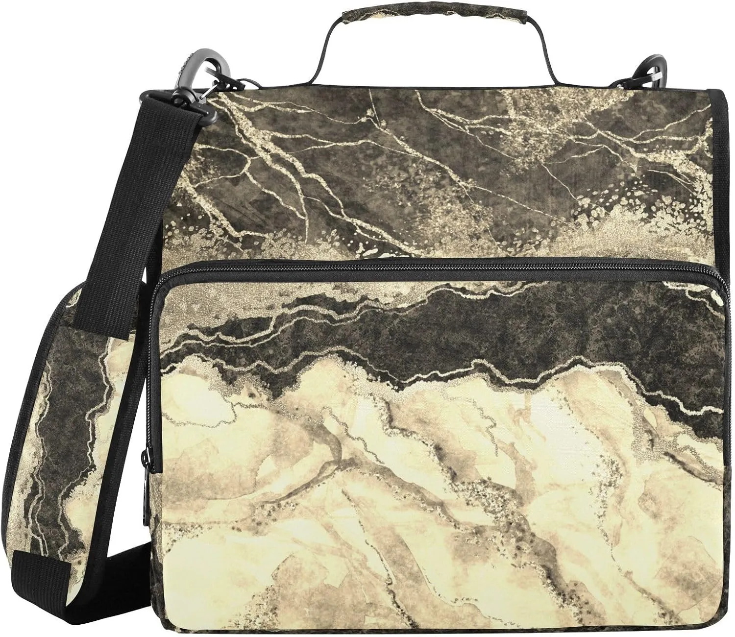 Portfolio & Case 3 Ring Binders, Organizer Trapper Keeper 500 Sheets for Office Zipper Shoulder Padfolios Bag Marble Gold Veins Stone Texture Golden Glitter Marbling