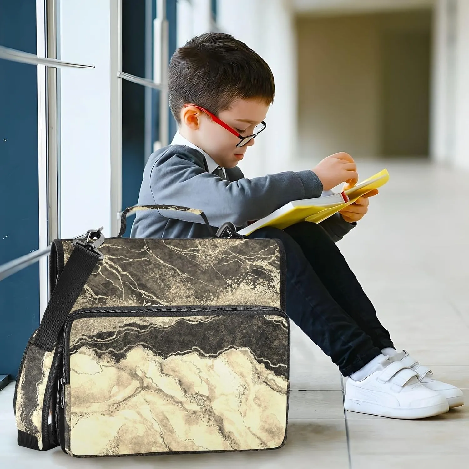 Portfolio & Case 3 Ring Binders, Organizer Trapper Keeper 500 Sheets for Office Zipper Shoulder Padfolios Bag Marble Gold Veins Stone Texture Golden Glitter Marbling