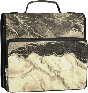 Portfolio & Case 3 Ring Binders, Organizer Trapper Keeper 500 Sheets for Office Zipper Shoulder Padfolios Bag Marble Gold Veins Stone Texture Golden Glitter Marbling