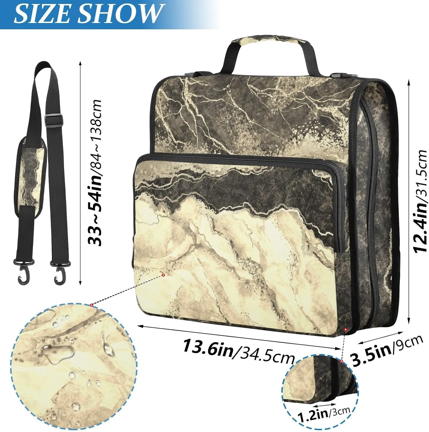 Portfolio & Case 3 Ring Binders, Organizer Trapper Keeper 500 Sheets for Office Zipper Shoulder Padfolios Bag Marble Gold Veins Stone Texture Golden Glitter Marbling